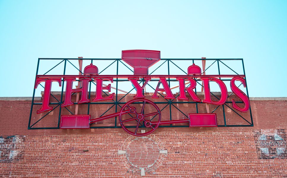 A red sign reads 
