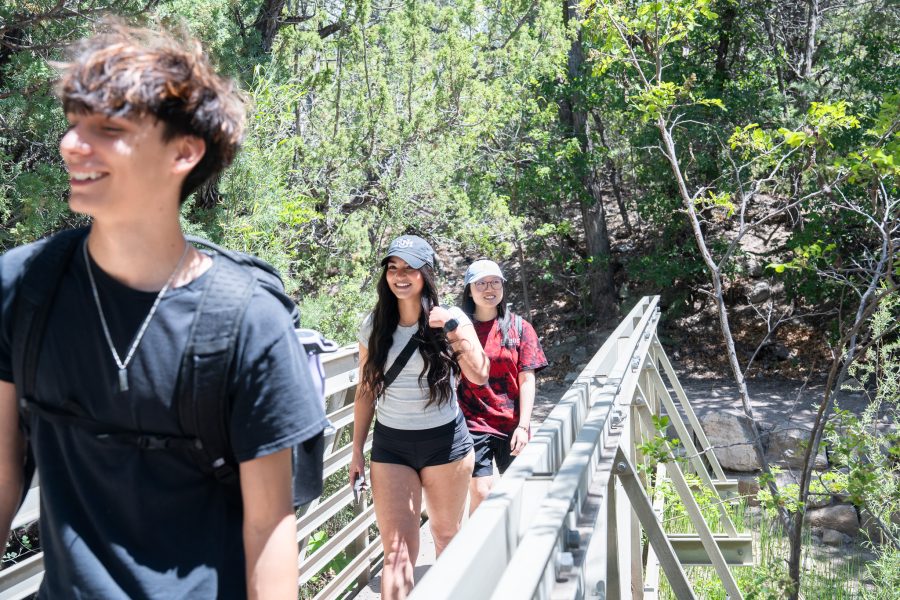 Three smiling students cross a bridge in a sunny and lush wooded area.