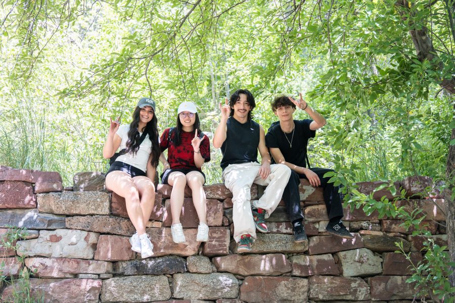 Four UNM students hold up the Lobo hand symbol while sitting on a stone wall surrounded by trees with sunlight coming through.