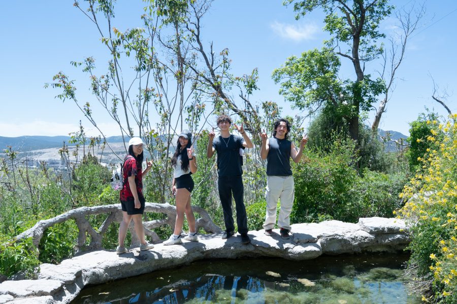 Four UNM students hold up Lobo hand symbols in front of the Carlito Springs.